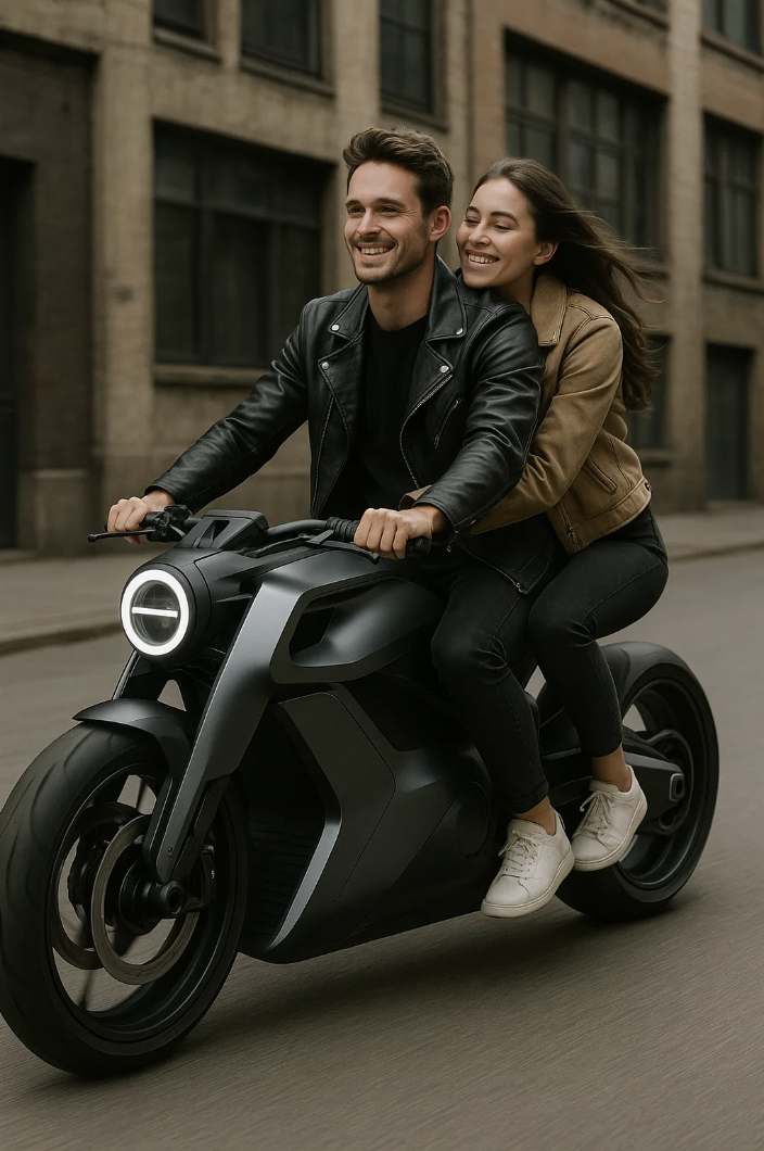 Un couple sur une moto au design futuriste pour la journée mondiale de la moto.
