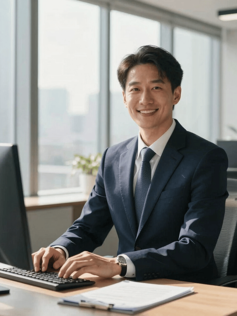 A confident corporate business executive in a modern North American / US office setting. Crisp sunlight pouring through floor-to-ceiling windows, subtle navy blue attire, sophisticated desk arrangement, warm natural smile, professional editorial commercial photography.