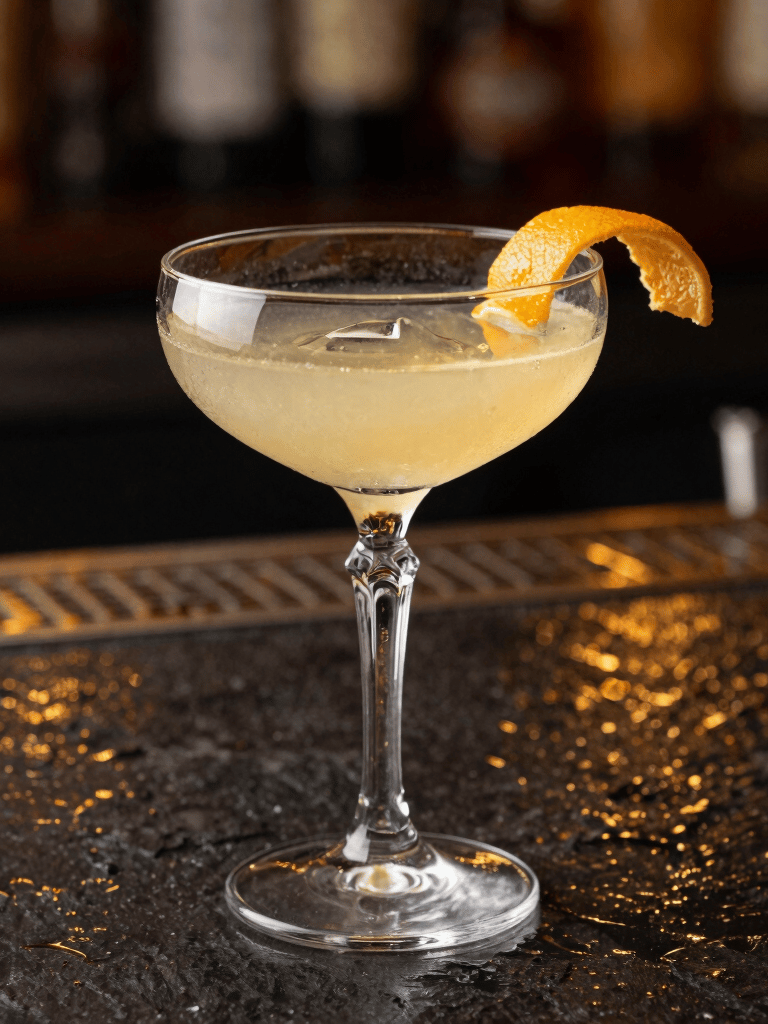 High-end editorial photography of an exquisite craft cocktail served in a vintage crystal coupette. The glass is garnished with a delicate orange peel twist. Placed on a dark, wet slate surface with soft golden reflections from warm, moody background lighting. Luxury, professional style, South American boutique bar setting.