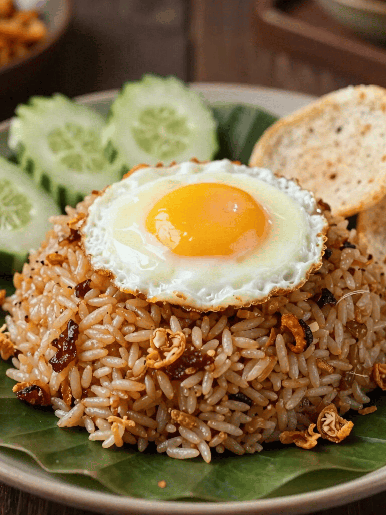 An appetizing close-up photograph of a fresh plate of Javanese fried rice served warm on a banana leaf plate. Topped with a sunny-side-up egg, sliced cucumbers, and crispy fried shallots, with classic crackers on the side. Warm light accents the rich brown color of the dish.