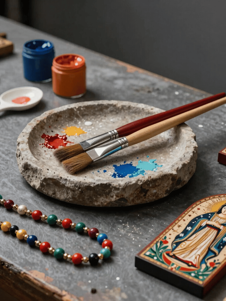 Detailed tabletop art photography of an artisan studio table in Latin America / Chile, with paintbrushes resting on a stone mixing tray, tempera paint smudges, handmade colorful necklaces, and delicate painted wooden religious art. Dark grey background, elegant cinematic lighting.