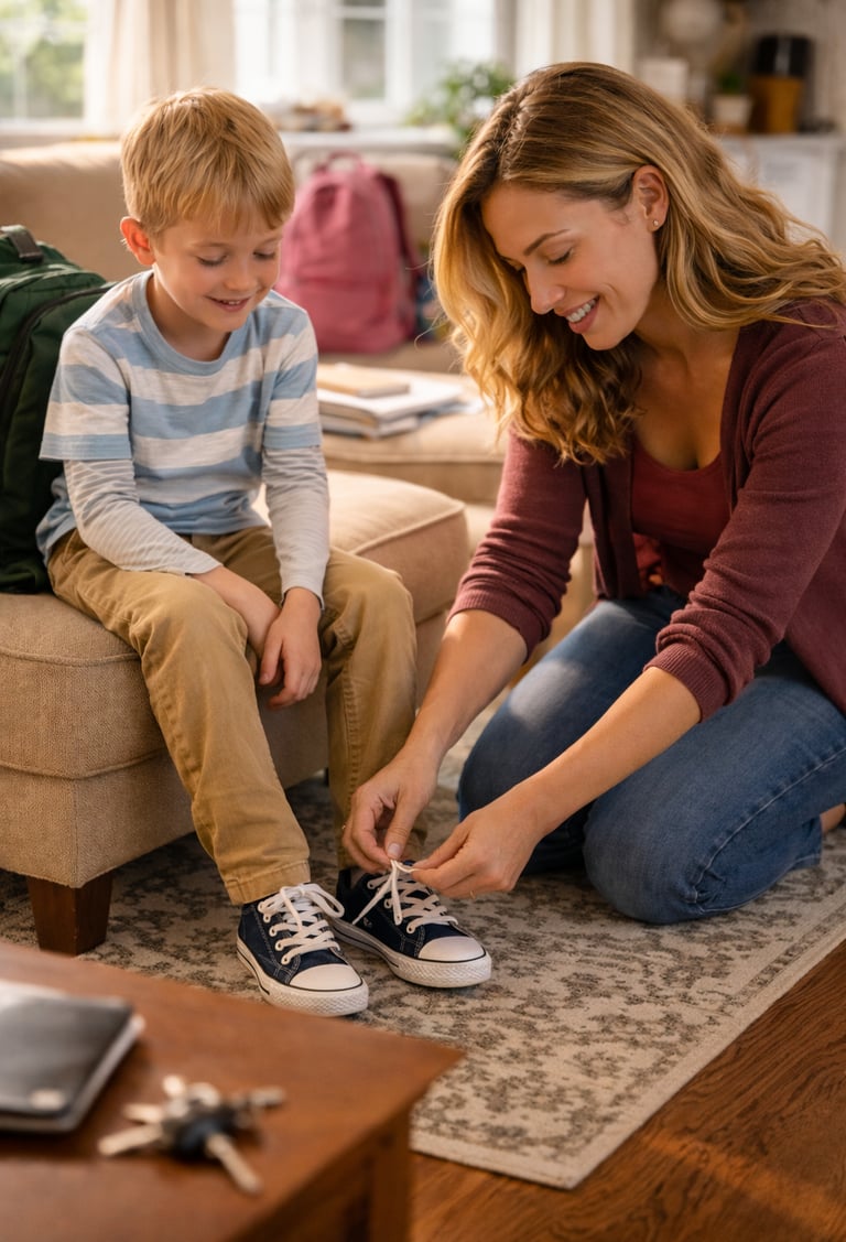 a mother tying her sons shoes for school