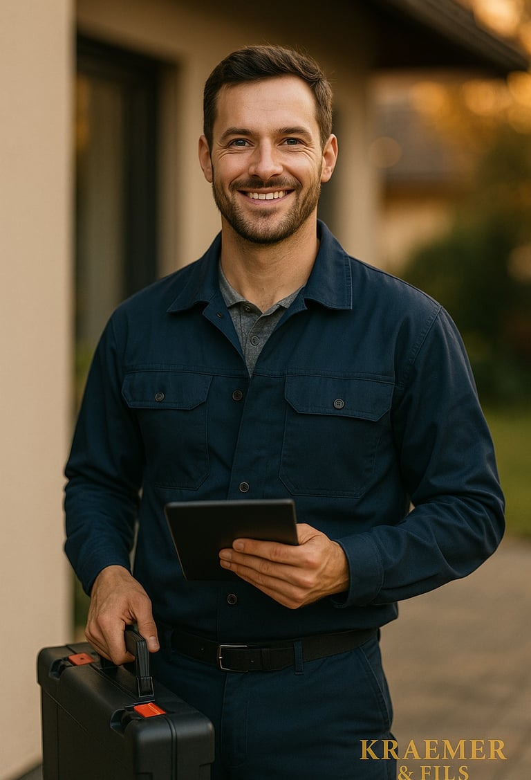 a man in a blue shirt and a suitcase