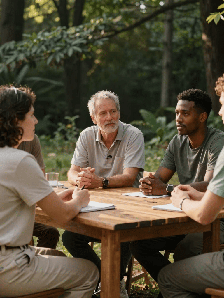 A group of diverse leaders conversing outdoors around a simple wooden table in a Global / Sustainable & Impact Community retreat setting. Warm natural afternoon light, deep forest green foliage in the background, accents of warm sand and soft sage green in natural textiles. Documentary photography style, candid and thoughtful expression.