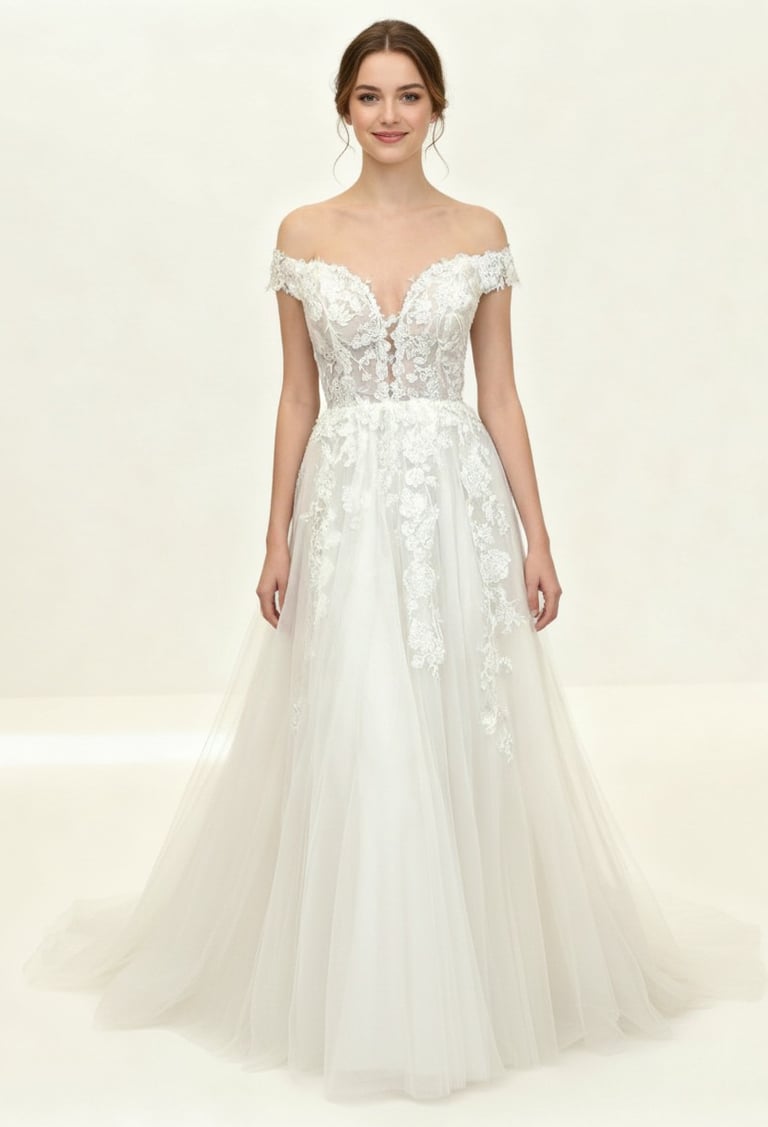 Elegant off-the-shoulder lace wedding dress with a floral bodice and flowing tulle skirt.