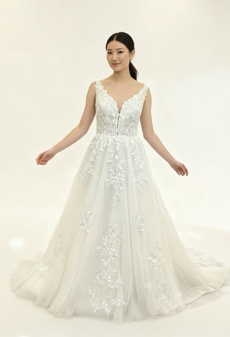Elegant A-line wedding dress with floral lace bodice and plunging V-neckline on a model.