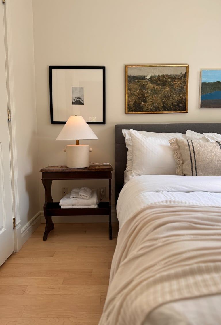 Une chambre avec un lit, une lampe et un cadre artistique