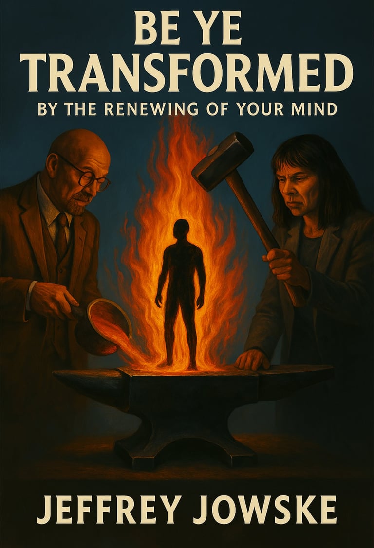 Book cover of “Be Ye Transformed: By the Renewing of Your Mind” by Jeffrey Jowske, featuring a silhouette of a man emerging f