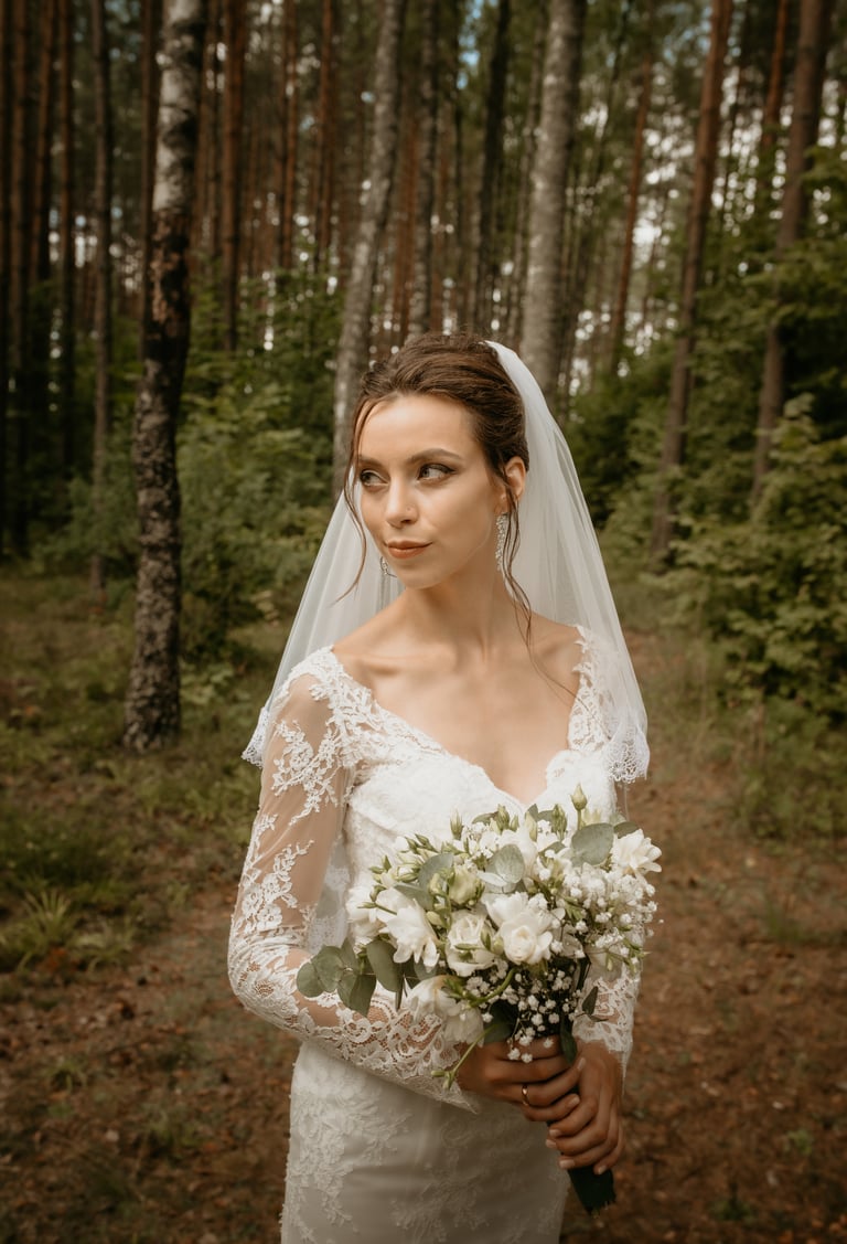 a woman in a wedding dress and veil with a veil on her head