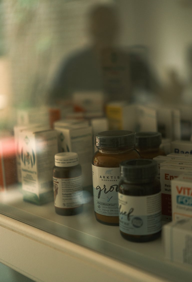 Nahrungsergänzungsmittel im Regal der Heilpraxis Vitalsinn, Spiegelung des Heilpraktikers im Glas