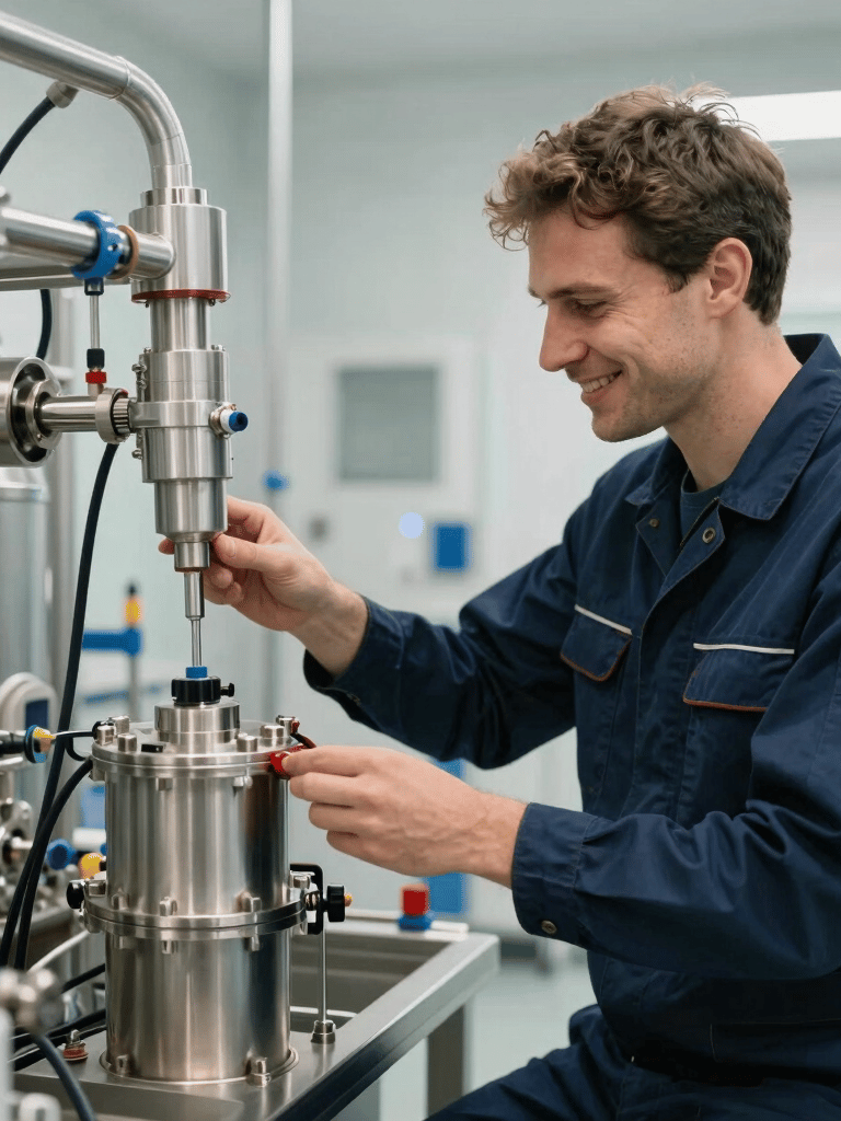 A professional photograph in Central European style of a smiling technician in dark blue workwear inspecting a modern water purification system in a bright utility room. High-quality tools, clean steel installations, realistic depth of field.