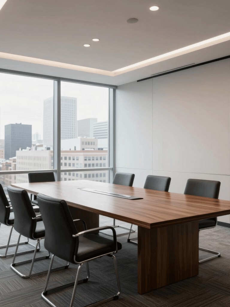 Professional wide-angle photograph of a modern law firm conference room in North America, floor-to-ceiling windows with a city view, large mahogany table, White and Pale Gray color scheme, soft natural lighting.