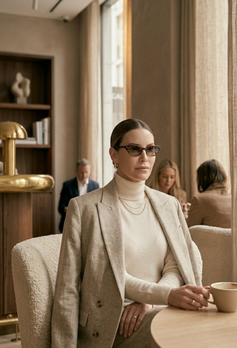Elegant woman relaxing in upscale café wearing monochrome neutral quiet luxury outfit with minimalis