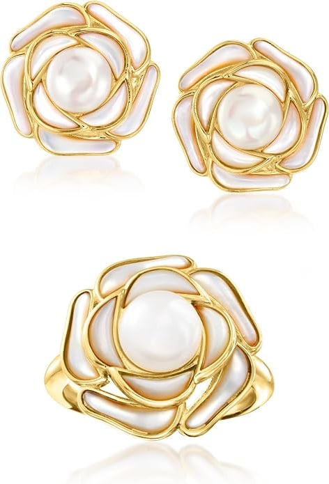 Floral Jewelry : Mother-Of-Pearl and 6-7.5mm Cultured Pearl Jewelry Set: Flower Earrings and Ring in 18kt Gold Over Sterling