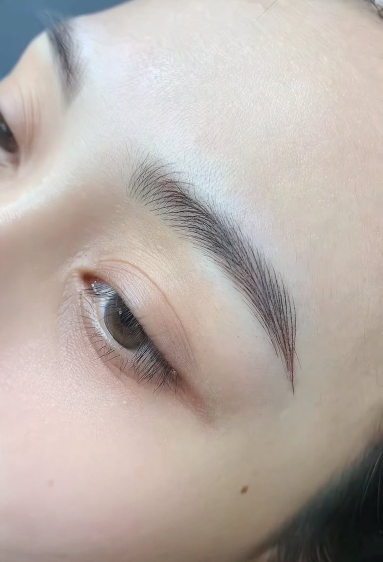 Close-up of perfect nano brows with crisp, realistic hair strokes.