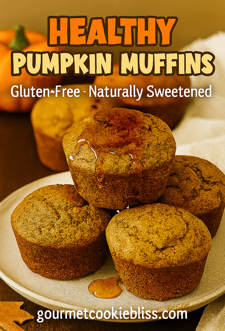 Three stacked gluten-free pumpkin muffins drizzled with maple syrup.