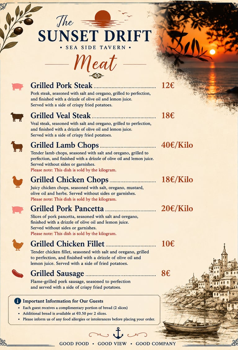 Meat menu for The Sunset Drift Tavern by John’s Guesthouse, featuring grilled pork steak, veal steak