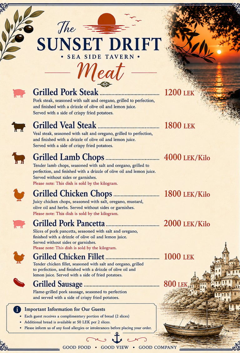 Meat menu for The Sunset Drift Tavern by John’s Guesthouse, featuring grilled pork steak, veal steak