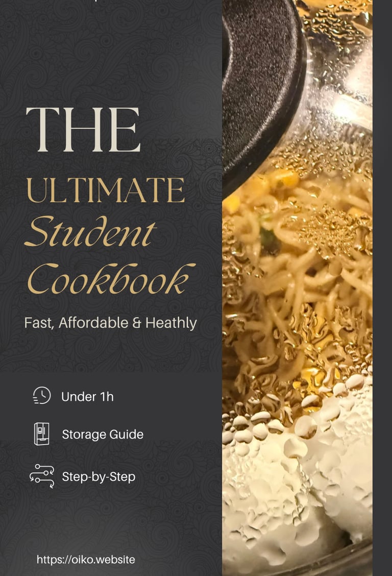 The Ultimate Student Cookbook cover featuring quick ramen noodles and budget-friendly cooking tips.