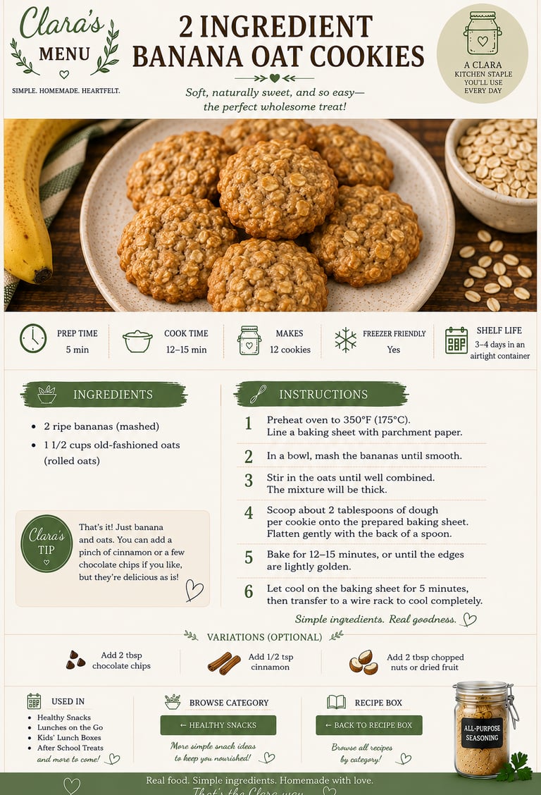 Recipe card for 2 ingredient banana oat cookies featuring ingredients, instructions, and healthy snack tips.