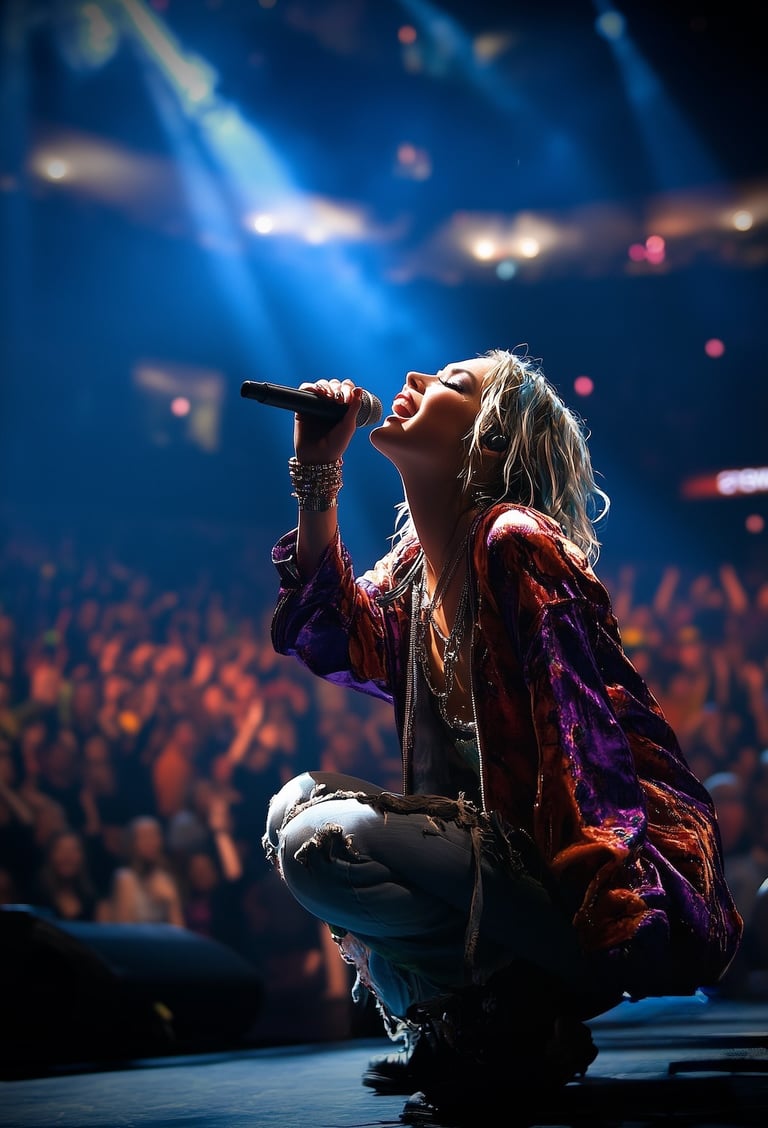 Female pop star on stage at a packed concert