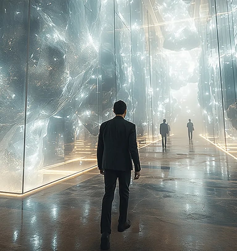 man walking in a futuristic hallway