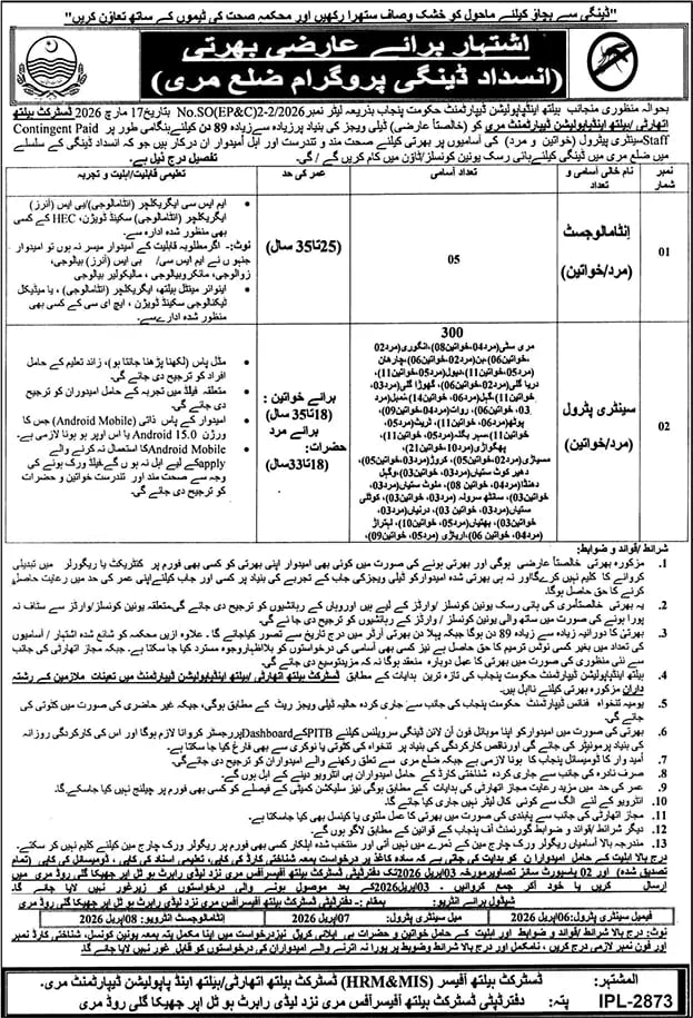 Murree Health Authority Jobs 2026 – Sanitary Patrol & Entomologist Vacancies March Update