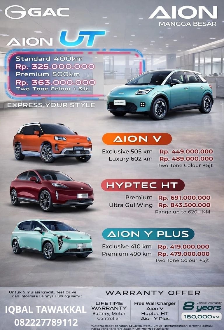 GAC Aion electric car price list in Indonesia featuring Aion UT, V, Hyptec HT, and Y Plus models.