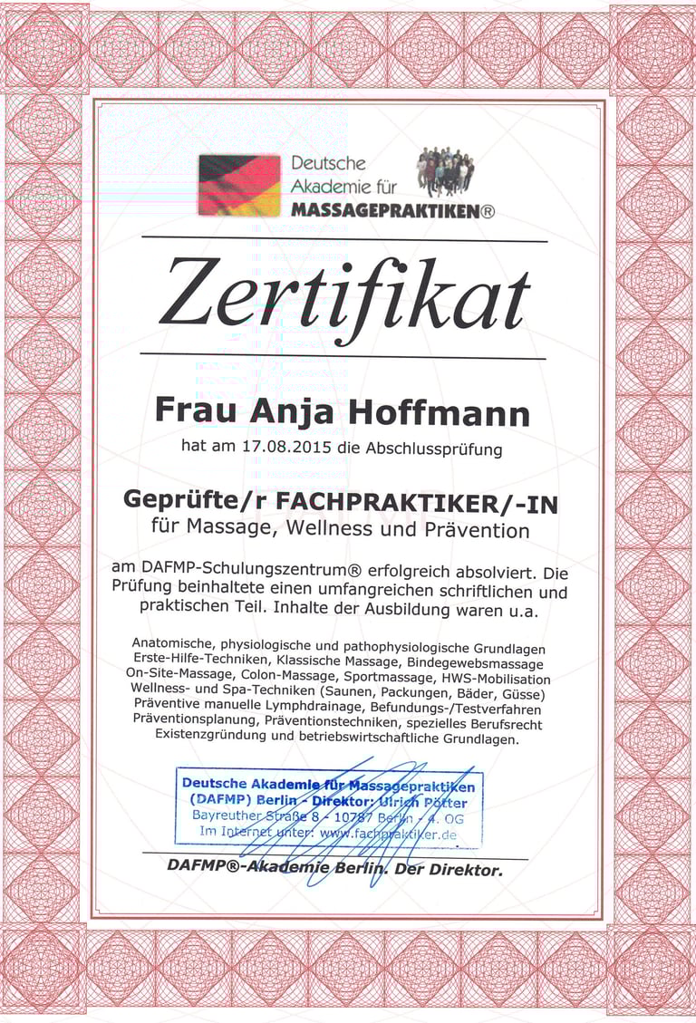 Zertifikat zum Geprüften Fachpraktiker für Wellness Massage und Prävention