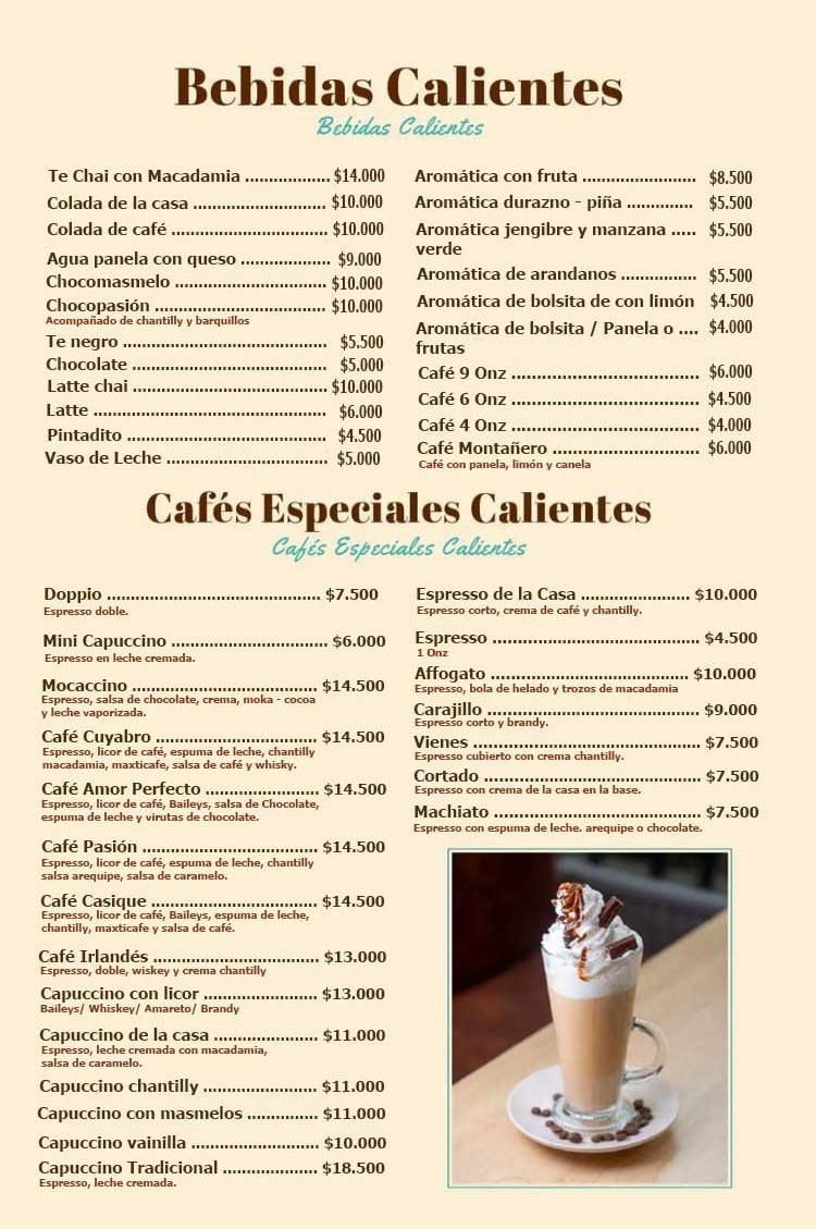 Bebidas Calientes Menu Café y Macadamia Armenia Quindío