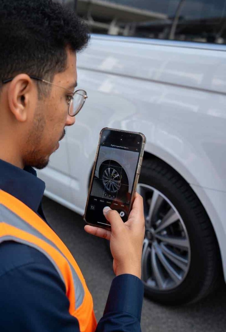 Convoyeur réalisant un état des lieux numérique sur tablette avant un transport à Toulouse.