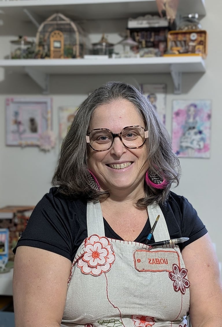 Artiste souriante portant un tablier fleuri et des lunettes dans son atelier créatif..