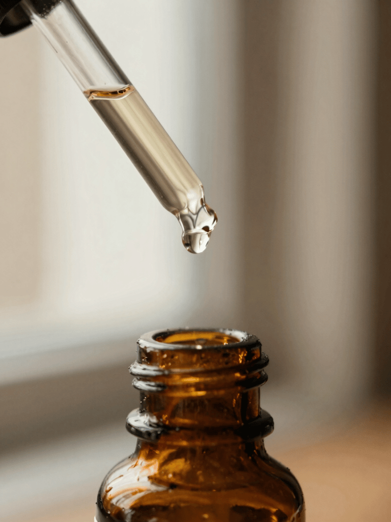 Macro shot of liquid dripping from a glass dropper into a dark amber vial, soft window light, warm tobacco tones