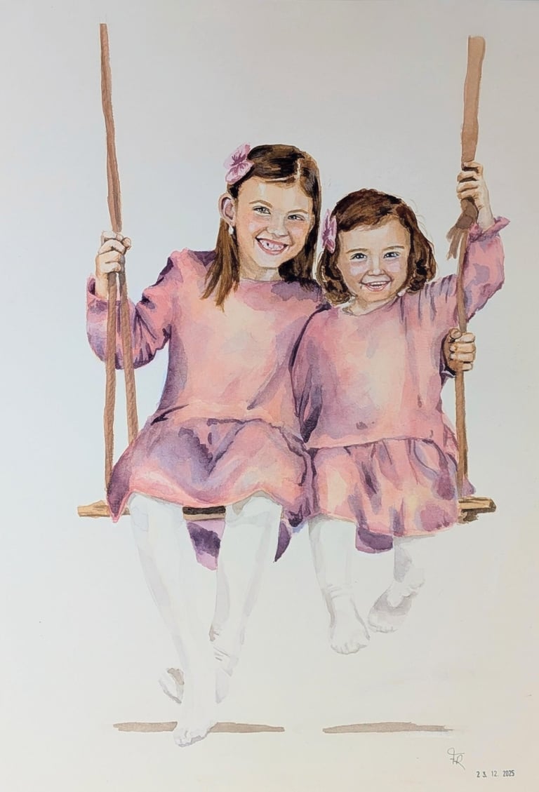 Zusjes in aquarel geschilderd in roze kleedjes op een schommel