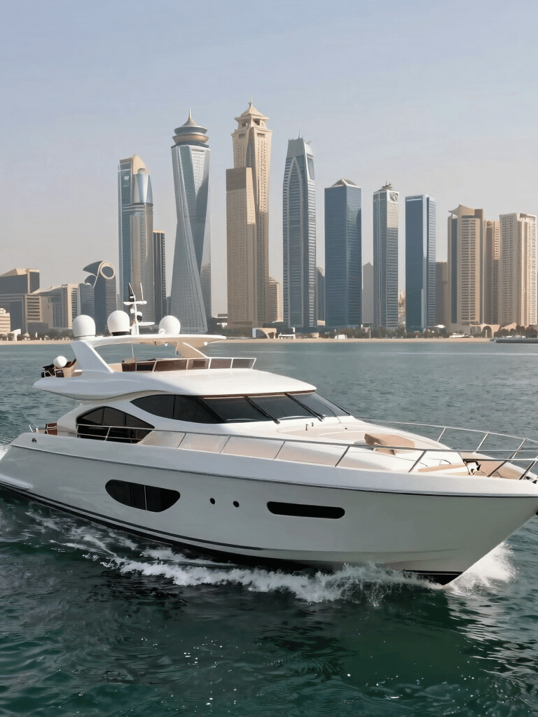 A wide-angle photography shot of a luxury yacht cruising in the Arabian Gulf near the Dubai skyline, bright daylight, focusing on the sophisticated exterior.