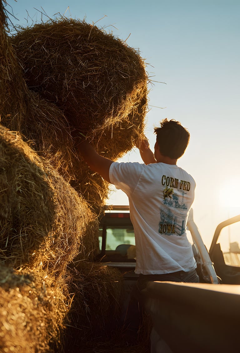 A farmer loading round hay bales onto a truck bed at sunset on a rural farm.
