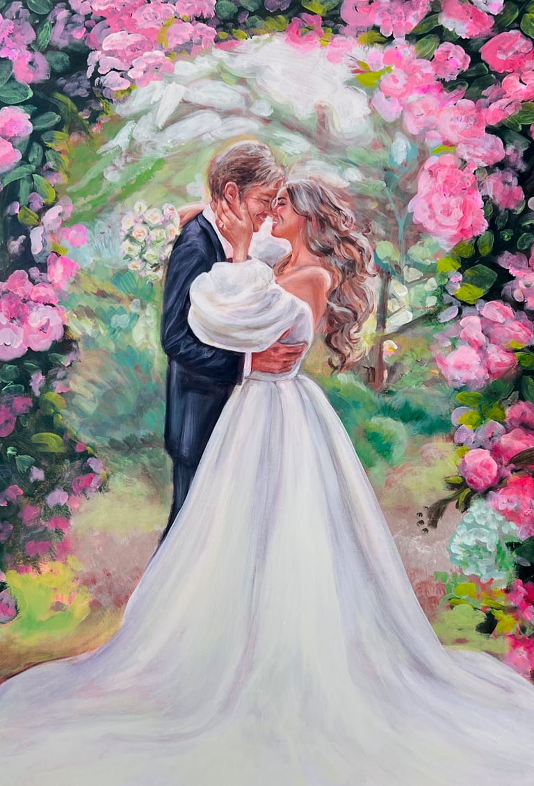 Live Wedding Painting, Couple looking tenderly at each other on their wedding day just before kiss