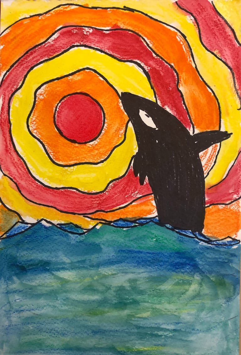 watecolor painting of an orca and the sun