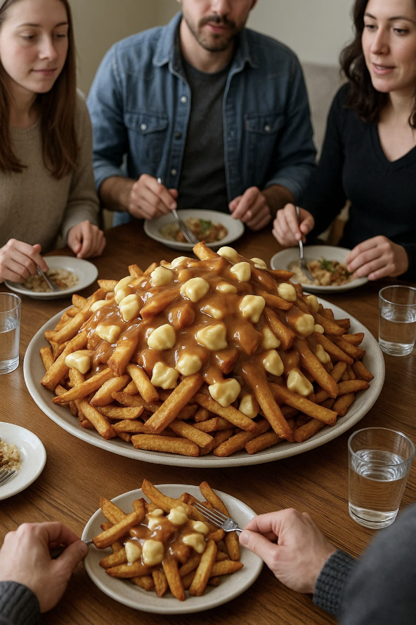 Dégustation d'une poutine entre convives pour la journée mondiale de la poutine.