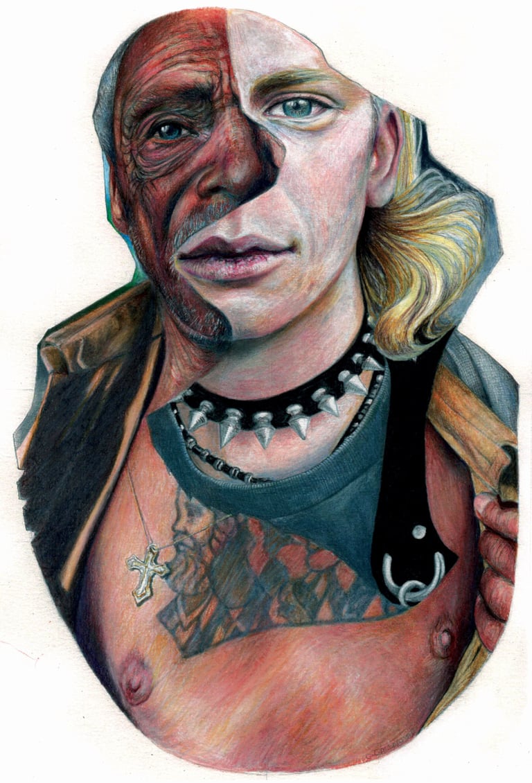 A pencil portrait of 2 faces, spliced together, 1 is white with blond hair, the other dark and swarthy with wrinkles