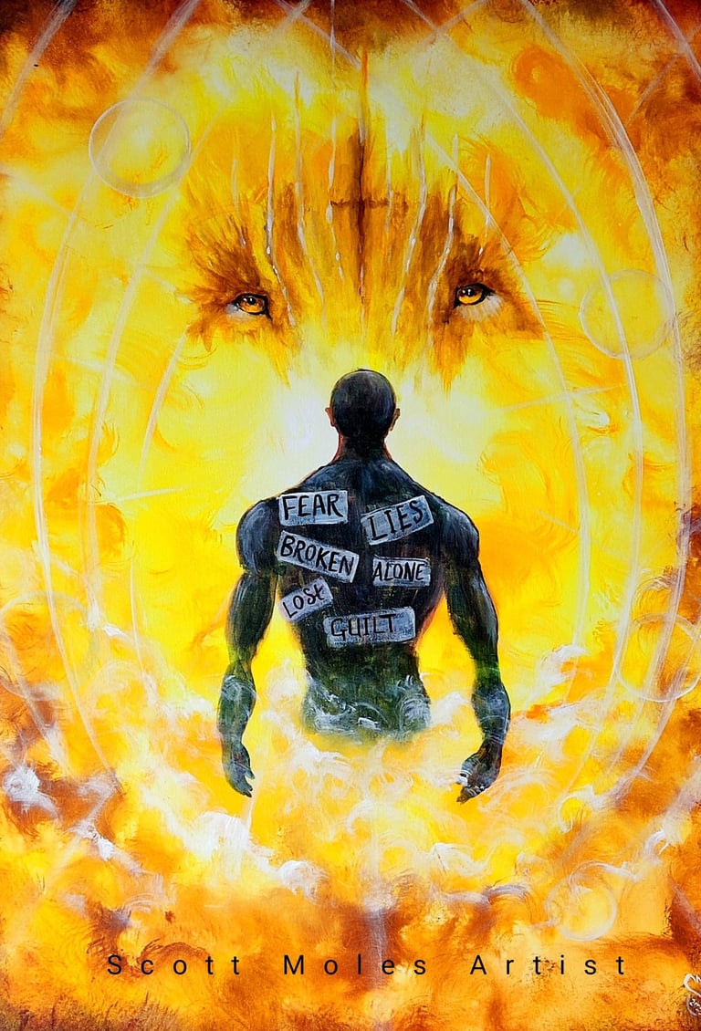 a painting of a man with my lies spoken over him receiving healing from Jesus 