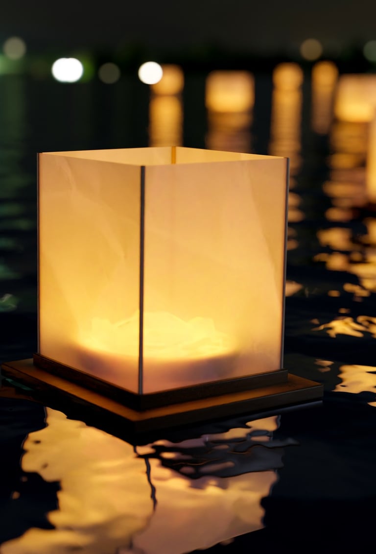 Lanterne flottante illuminée sur l’eau, symbole de mémoire, de recueillement et de paix intérieure