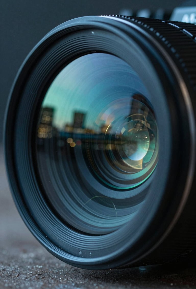 A sharp, cinematic close-up of a high-end film camera lens. The glass reflects a blurred metropolitan skyline at blue hour, featuring tones of deep midnight teal and muted seafoam green.