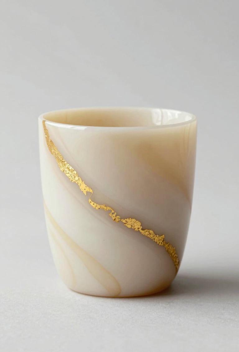A close-up of a handmade resin tumbler with a soft swirling pattern of #F8F3ED and gold leaf, capturing the light in a clean, modern studio setting.