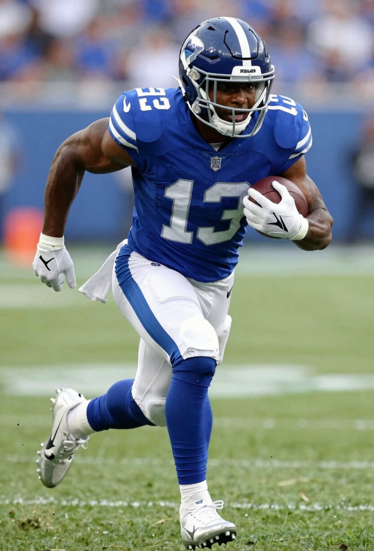 Close-up action shot of a running back making a cut on a grass field, grass blades flying, wearing branded gear in #1C2B3A and #8FAEC0, powerful leg muscles emphasized, professional athletic photography.