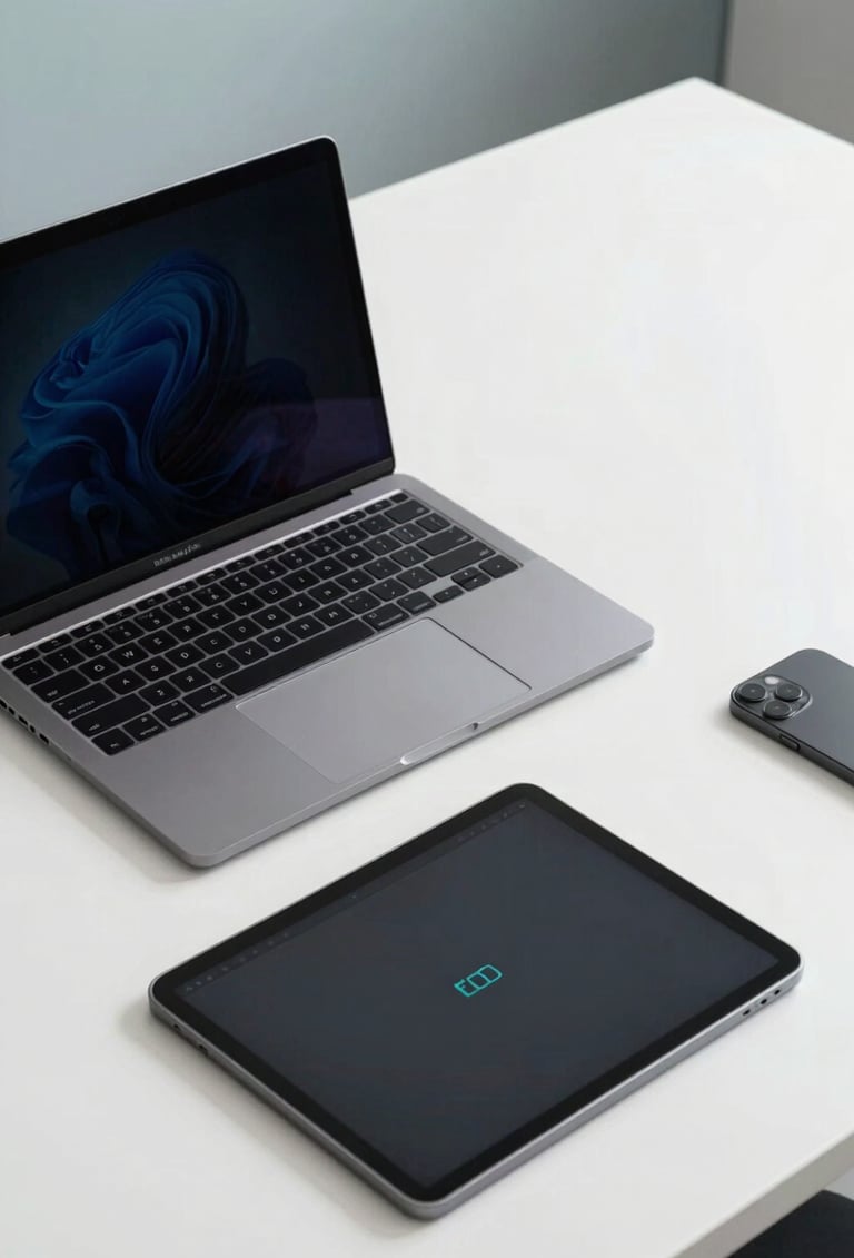 A high-angle photography shot of a sleek, modern workspace featuring a high-end laptop, a digital tablet for design, and subtle teal lighting accents. Global / Digital Professional aesthetic, clean and organized for a productive tech-focused environment.