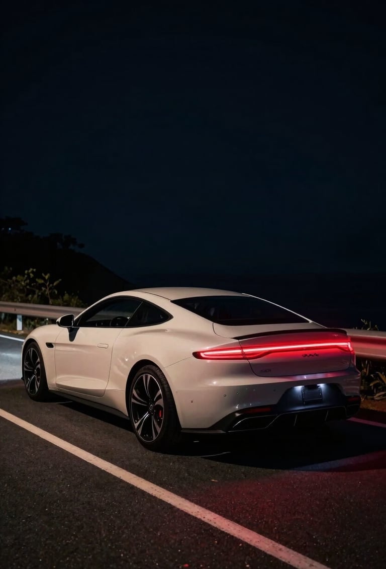 Cinematic wide shot of a high-end luxury car at night on a coastal road. Deep black shadows contrast with vibrant crimson red tail lights leaving long trails. Lighting is moody and sophisticated with soft off-white highlights on the car's curves.
