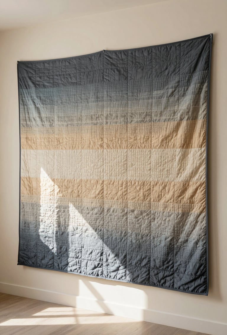 A wide-angle professional photograph of a large, modern quilt hanging against a warm cream wall. The quilt features a horizontal gradient pattern in shades of warm slate and soft sand. The room is filled with soft, natural morning light.