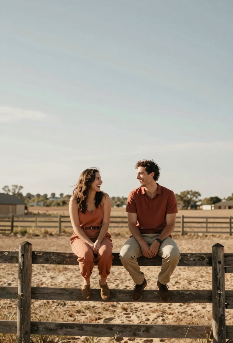 Candid wide-angle photograph of a couple sitting on a vintage wooden fence in a rural North American setting. The scene is bathed in warm, sun-kissed light. They are laughing authentically. The color palette features terracotta clothing and soft sand environmental tones. Narrative-driven lifestyle photography.