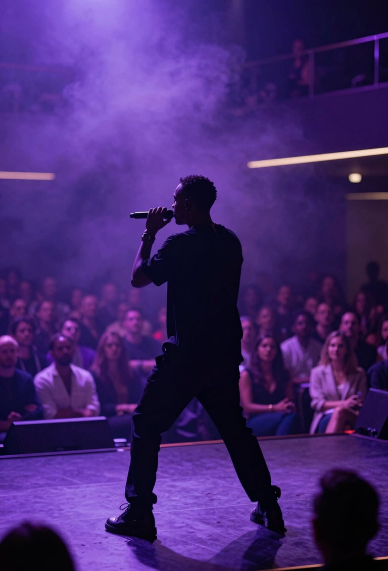 A silhouette of an artist performing in a sleek, modern US venue. The stage is bathed in light purple and deep violet mist, creating a mysterious and impactful atmosphere, with a blurred professional audience in the background.